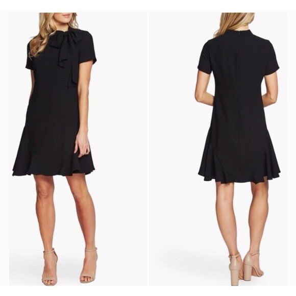 CeCe Women's Black Bow Neck Short Sleeve A-Line Dress Size 12 NWT - Picture 1 of 11